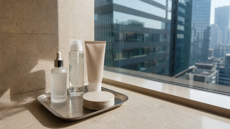 Unbranded skincare arranged beside a window overlooking modern Gangnam.