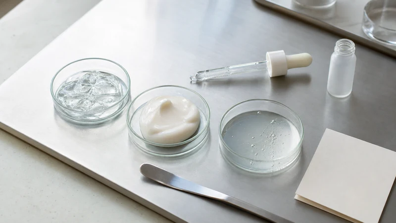 Skincare gel, cream and serum samples arranged on a stainless-steel work surface.
