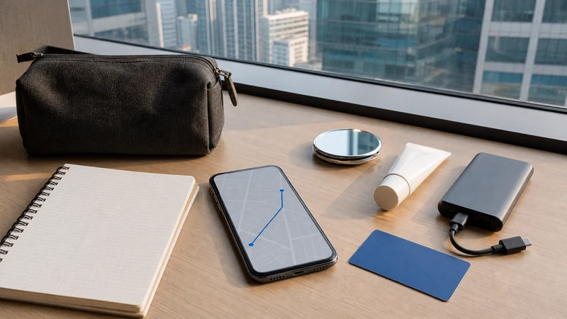 A phone route, blank planner and beauty essentials on a desk overlooking modern Seoul.