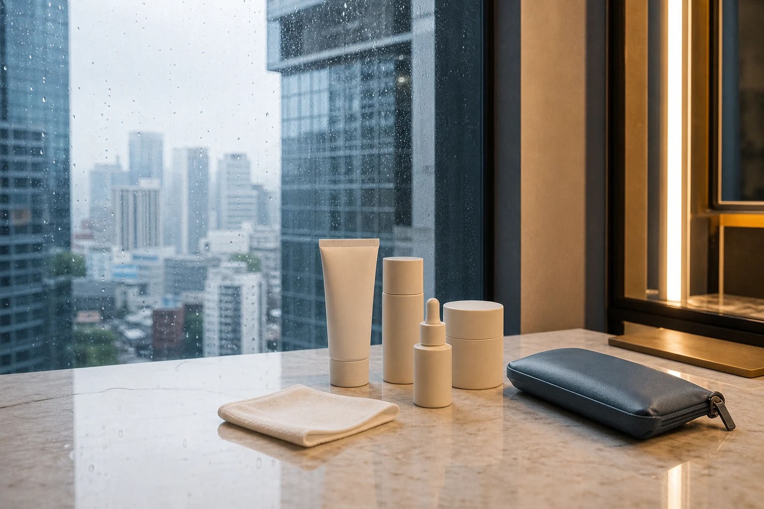A compact unbranded skincare kit beside a rain-speckled window overlooking modern Seoul.