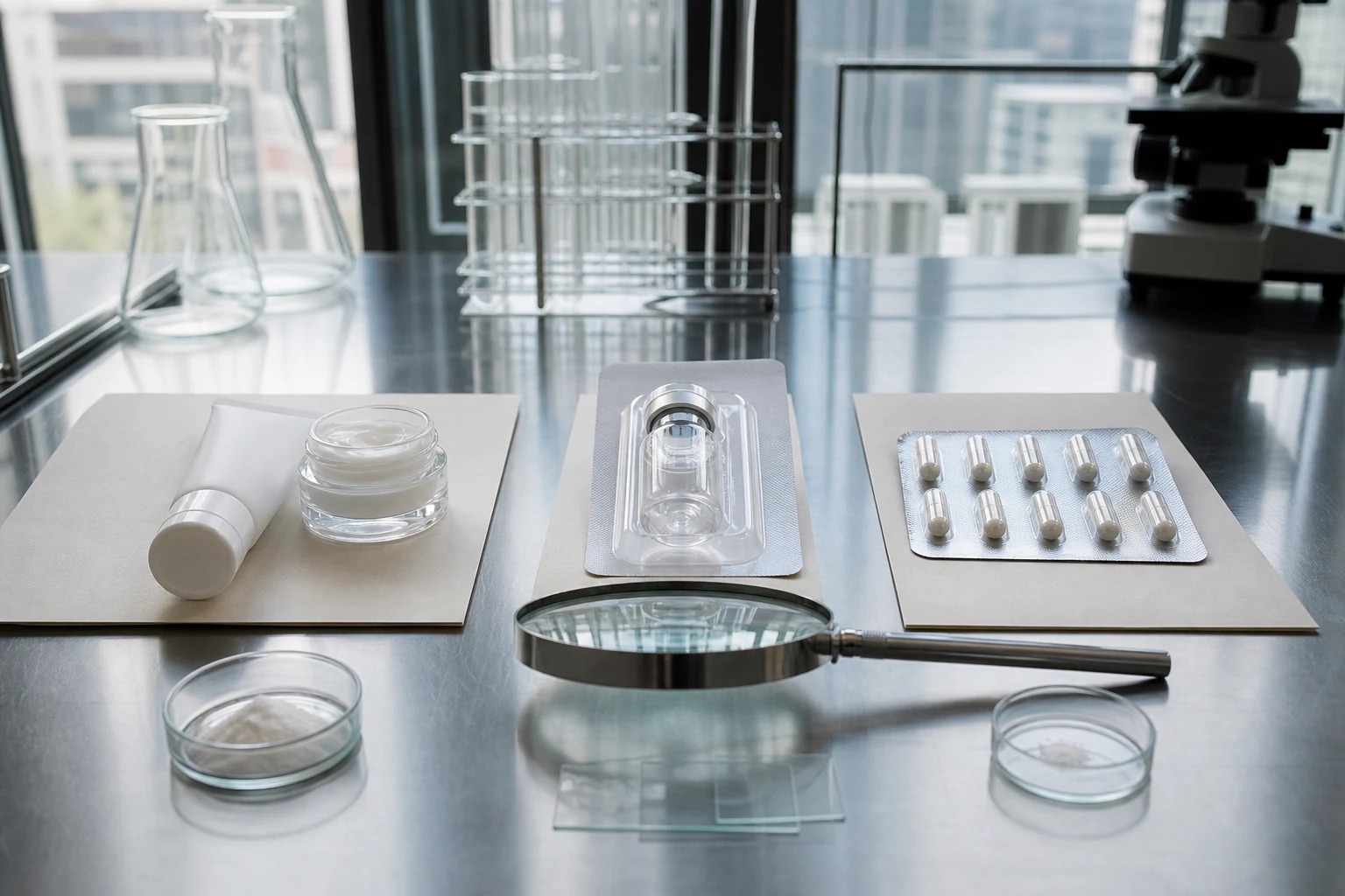 Topical cream, a sealed professional-use vial and capsules separated into three comparison lanes on a laboratory bench.